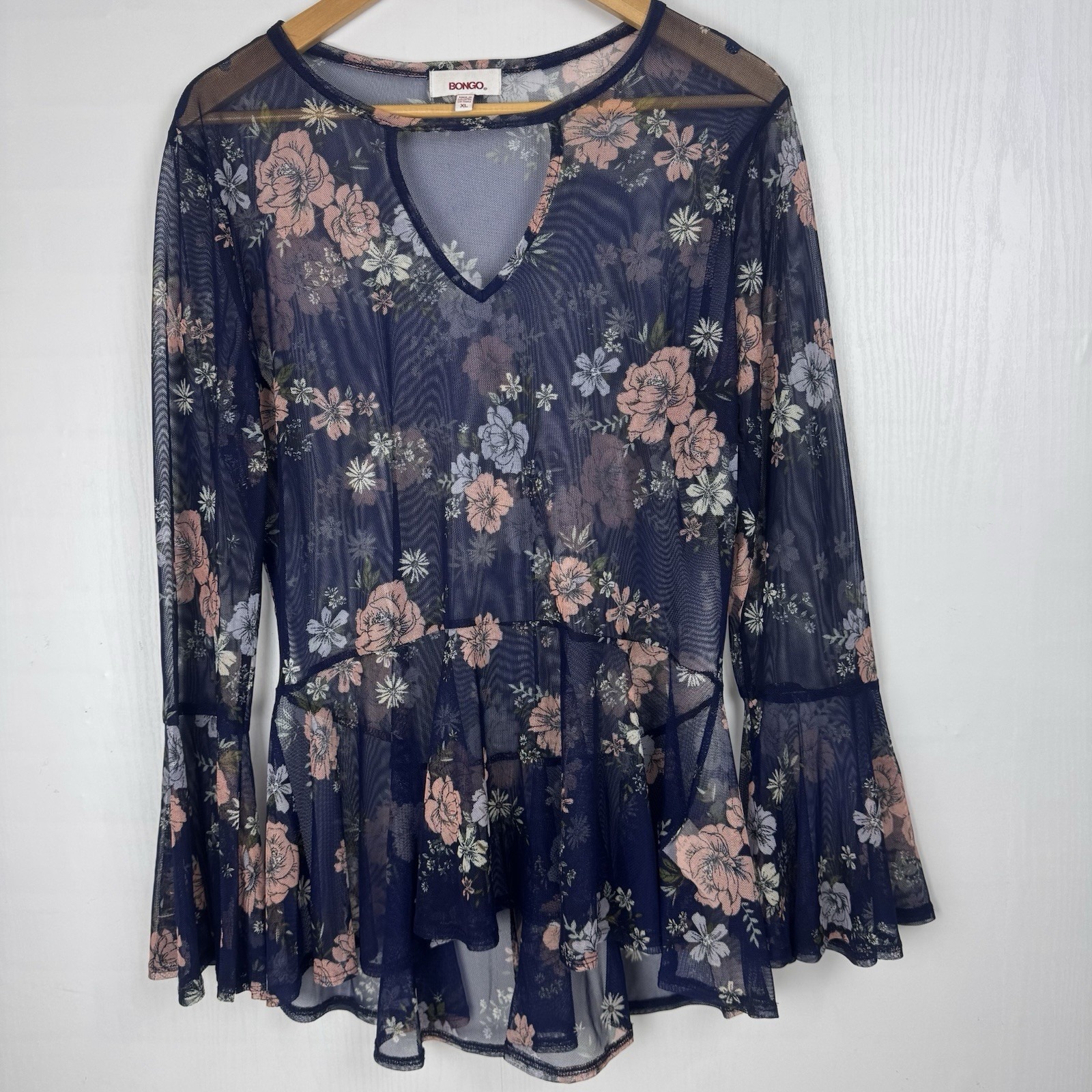 Bongo Floral Mesh Women Bell Boho Sleeve V Neck Peplum Women Top Size Xl